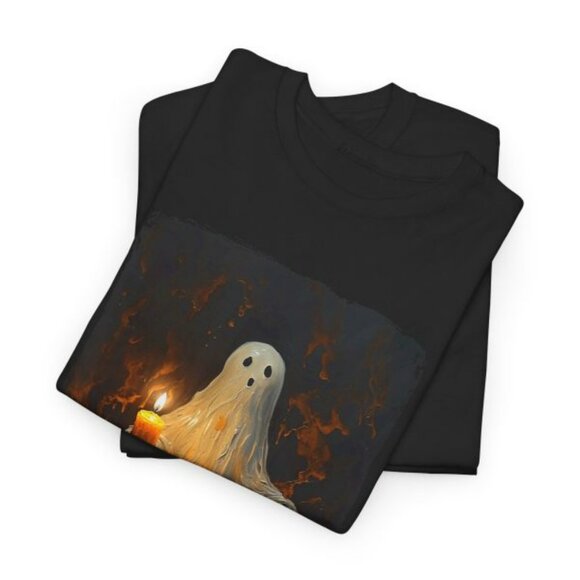 Cute Ghost Holding Candle Funny Halloween Gothic Vintage T-Shirt - Picture 2 of 6